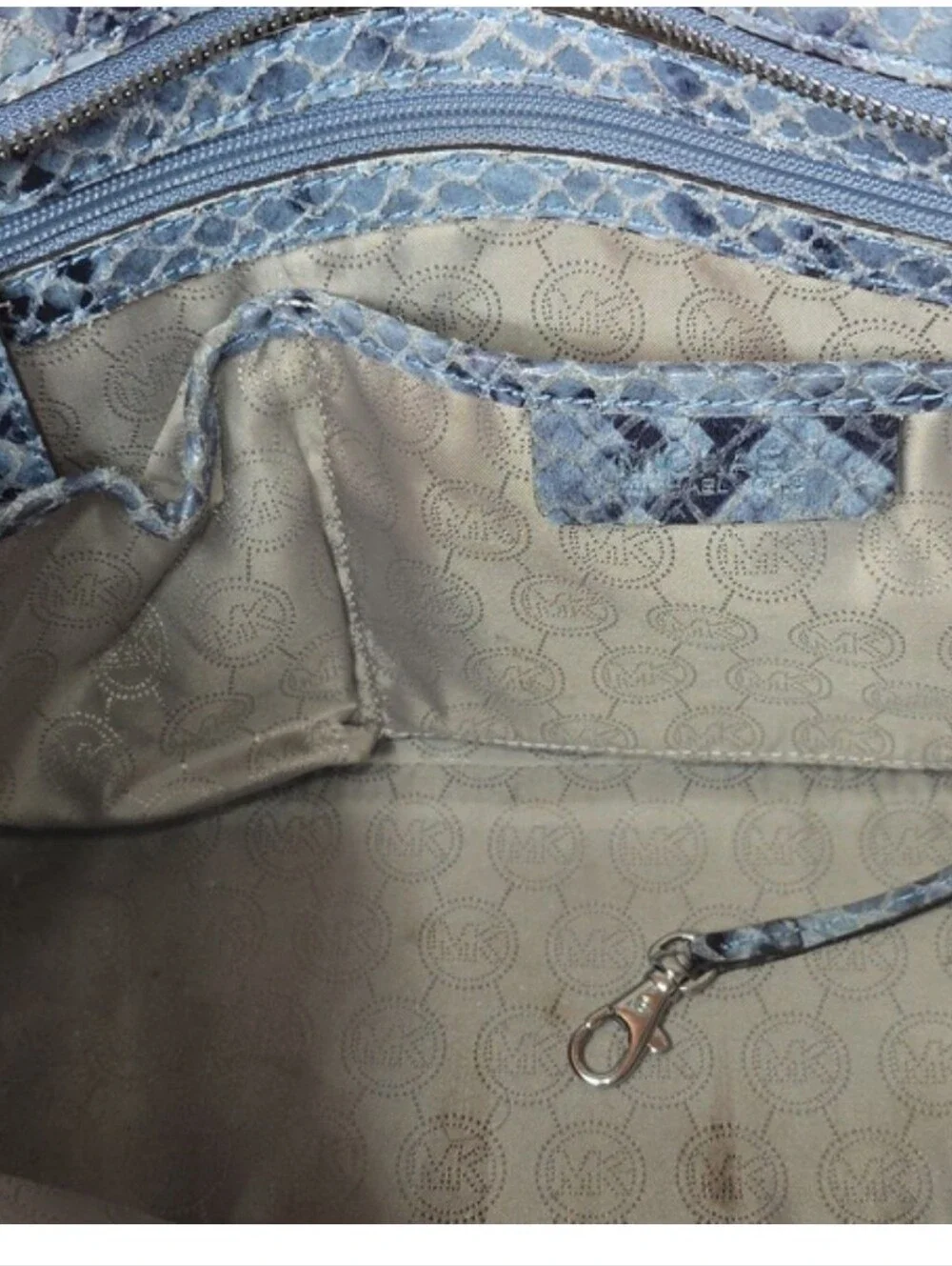 MICHAEL MICHAEL KORS Selma, Blue-Gray Python-Embossed, Studded Satchel, EC